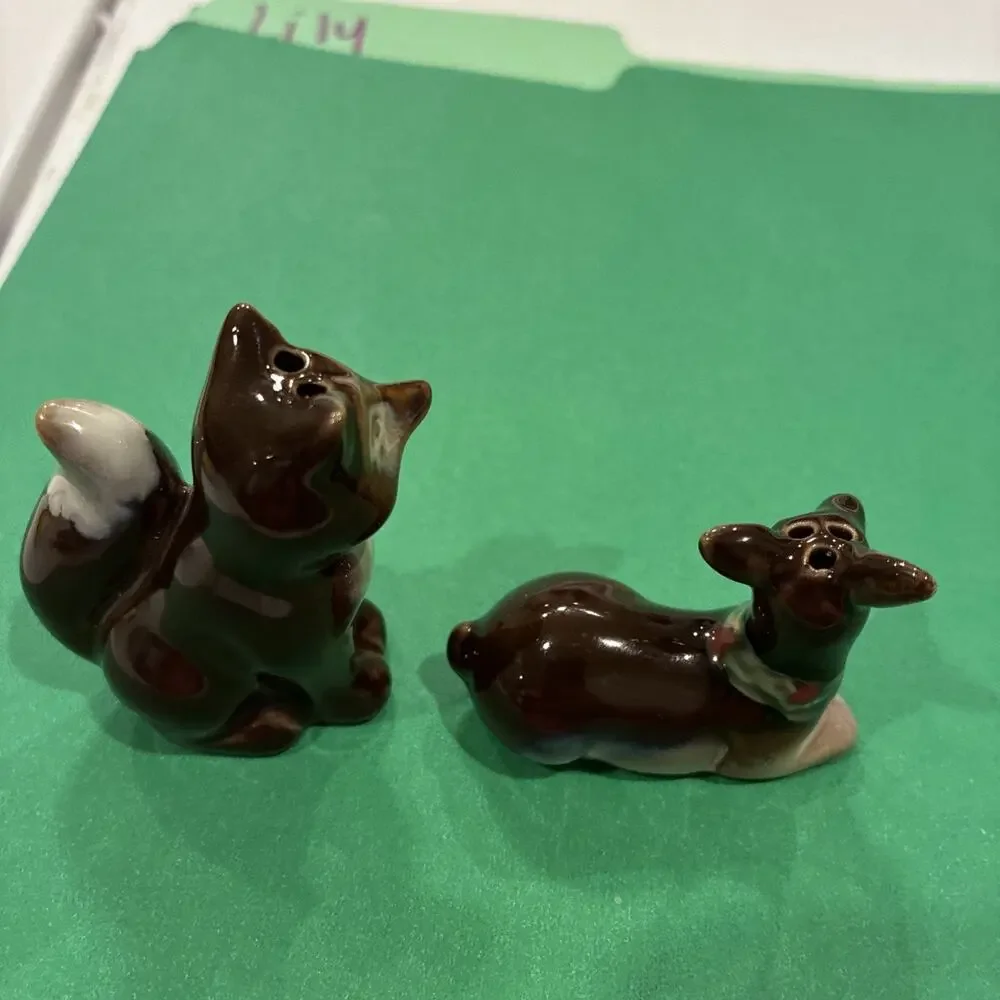 Deer And Fox Ceramic Salt And Pepper Shakers Fawn Whimsical Forest Animals Decor